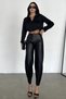 Women's Black Elastic Waist Ribbed Stretchy Balloon Leather Trousers - 6