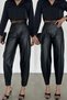 Women's Black Elastic Waist Ribbed Stretchy Balloon Leather Trousers