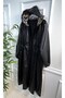 Large Size Lema Waist Gathered Hooded Full Length Leather Trench - Black - 7