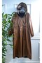 Large Size Lema Waist Gathered Hooded Full Length Leather Trench - Tan