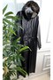 Large Size Lema Waist Gathered Hooded Full Length Leather Trench - Black - 3