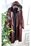 Plus Size Benna Gathered Waist Hooded Medium Length Leather Trench - Claret Red - 4