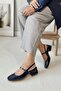 Women's Audrey Navy Blue Patent Leather Open Back Square Toe Helmet Short Block Heeled Shoes - 4