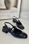 Women's Audrey Navy Blue Patent Leather Open Back Square Toe Helmet Short Block Heeled Shoes - 5