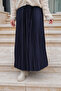 Women's Leather Look Elastic Waist Long Pleated Skirt Navy Blue - 4