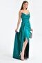 Satin Fabric Bust Draped Underwire Supported Slit and Sash Detailed Emerald Green Evening Dress 9323 - 4