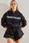 Women's Black Hooded Printed Three-Thread Sweatshirt 60061004 - 4