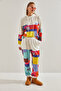 Women's White Digital Printed Three Thread Ribbed Top and Bottom Set 60061028 - 3