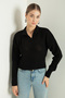 Women's Black Polo Neck Openwork/Hole Knitwear Sweater - 2