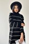 Turtleneck Long Sleeve Oversize Midi Length Striped Black Knitwear Dress Without Belt 183 - 7