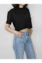 Women's Black Crop Stand Collar 100% Cotton Short Sleeve T-shirt - 3