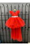 Red Evening Dress with Angel Wings on the Back, Long Tail, Tiered Tulle, Cotton Lining - 3