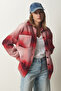 Women's Red Lumberjack Oversize Stamp Shirt Jacket TU00035 - 4