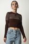 Women's Brown Cream Buttoned Collar Ribbed Crop Knitwear Blouse NF00077 - 3