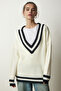 Women's Bone V-Neck Stripe Detailed Oversize Knitwear Sweater YY00191 - 3