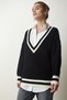 Women's Black V-Neck Stripe Detailed Oversize Knitwear Sweater YY00191 - 2