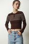 Women's Brown Cream Buttoned Collar Ribbed Crop Knitwear Blouse NF00077 - 2