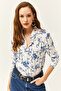 Women's White Blue Floral Patterned Woven Viscose Shirt GML-19001162 - 3