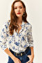 Women's White Blue Floral Patterned Woven Viscose Shirt GML-19001162