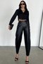 Women's Black Elastic Waist Ribbed Stretchy Balloon Leather Trousers - 8