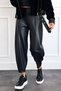 Women's Black Elastic Waist Ribbed Stretchy Balloon Leather Trousers - 5