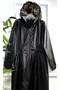 Large Size Lema Waist Gathered Hooded Full Length Leather Trench - Black - 2