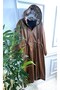 Large Size Lema Waist Gathered Hooded Full Length Leather Trench - Tan - 3