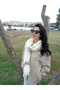 Women's Soft Textured Line Patterned Cream Scarf with Tassels - 4