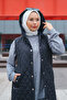 Women's Navy Blue Hooded Slit Detailed Long Puffer Vest MNL-013Y - 3