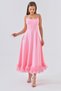 Cotton Atlas Fabric Thin Strap Skirt with Tulle Detail Midi Length Pink Evening Dress 9326 - 6