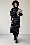 Turtleneck Long Sleeve Oversize Midi Length Striped Black Knitwear Dress Without Belt 183 - 8