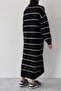 Turtleneck Long Sleeve Oversize Midi Length Striped Black Knitwear Dress Without Belt 183 - 4