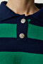Women's Navy Blue Green Stylish Buttoned Lapel Striped Crop Knitwear Sweater BV00115 - 6