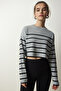 Women's Gray Ribbed Striped Crop Knit Sweater PF00048 - 5