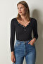Women's Black Button Collar Ribbed Crop Knitted Blouse LD00066 - 2
