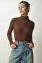 Women's Brown Turtleneck Corded Knitted Blouse HJ00008