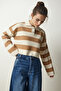 Women's Cream Biscuit Stylish Buttoned Collar Striped Crop Knitwear Sweater BV00115