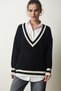 Women's Black V-Neck Stripe Detailed Oversize Knitwear Sweater YY00191