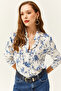 Women's White Blue Floral Patterned Woven Viscose Shirt GML-19001162 - 4