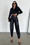 Women's Black Elastic Waist Ribbed Stretchy Balloon Leather Trousers - 7