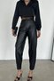 Women's Black Elastic Waist Ribbed Stretchy Balloon Leather Trousers - 4