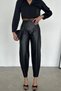 Women's Black Elastic Waist Ribbed Stretchy Balloon Leather Trousers - 3