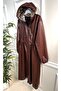 Large Size Lema Waist Gathered Hooded Full Length Leather Trench - Claret Red - 4