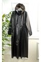 Large Size Lema Waist Gathered Hooded Full Length Leather Trench - Black