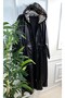 Large Size Lema Waist Gathered Hooded Full Length Leather Trench - Black - 6