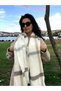Women's Soft Textured Line Patterned Cream Scarf with Tassels