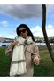 Women's Soft Textured Line Patterned Cream Scarf with Tassels - 2