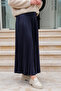 Women's Leather Look Elastic Waist Long Pleated Skirt Navy Blue