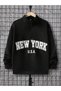 Men's Black Half Zipper NEW YORK U.S.A Printed High Collar Sweater