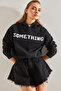 Women's Black Hooded Printed Three-Thread Sweatshirt 60061004 - 6
